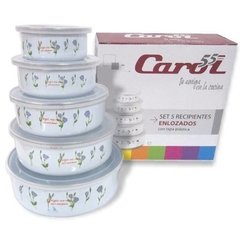 Set 5 Bowls Enlozado Y Decorado Con Tapa Plastica Carol