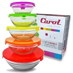 Set 5 Bowls Vidrio Tapa Plastica Carol Apilable Microondas en internet