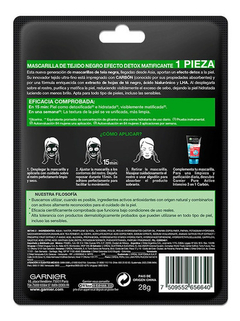 Mascarilla Matificante Tela Negra Garnier Pure Carbon Detox - comprar online