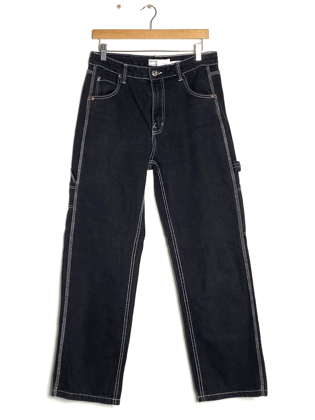 Pantalon Bershka T.28 Cargo Negro Costuras Blancas 83095