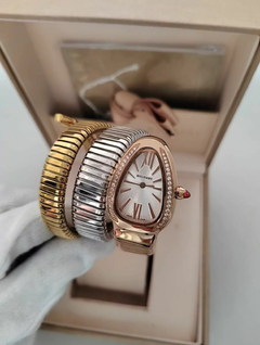 Relógio Bulgari Serpenti Rosé, Prata e Dourado com Fundo Madrepérola e Brilho Duas Voltas Italiana