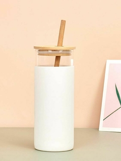 VASO VIDRIO CON BOMBILLA BAMBU BLANCO - comprar online