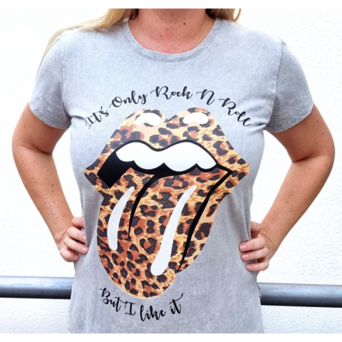 Remeras estampada Rolling Stone lengua animal print gris