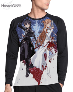 Camisa Manga Longa Raglan Kirito e Asuna Sword Art Online Estampa Total