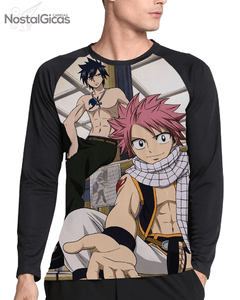 Camisa Manga Longa Raglan Natsu e Gray Fairy Tail Estampa Total