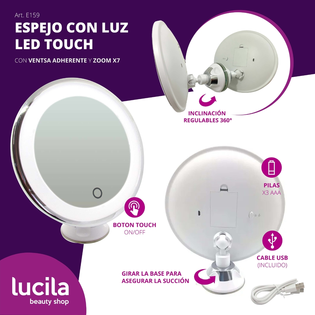 Espejo Con Luz Led Touch Ventosa Adherente Zoom X7 Usb E159