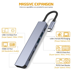 Docking Station USB-C 7 En 1 Cimexi YG-2121 / HDMI 4K / USBC / PD 100W / USB 3.0 / USB 2.0 / TF / SD - FsComputers