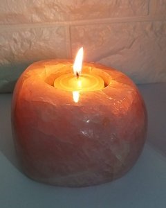 Porta-velas de quartzo rosa com orgonite - 983g - amor