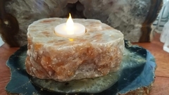 Porta-velas de calcita laranja bruta com orgonite - 1,086kg - Orgonites e loja de artigos esotéricos