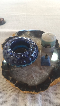 Kit Vasinho de orgonite multiuso 8cm + mini incensário + vela aromática - quartzo azul