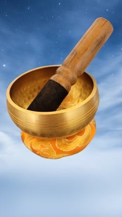 Kit Tigela tibetana cobre martelado - 8cm + bastão com couro + almofada laranja
