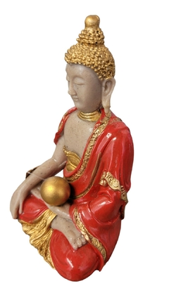 Estatueta Buda Tibetano vermelho com dourado 14cm - resina importada na internet