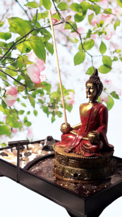 Buda 15cm Jardim Zen e incensário base orgonite