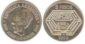 monedas de 2 pesos "Centenario del nacimiento de Jorge Luis Borges"
