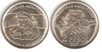moneda de 2 pesos "Vigésimo Quinto Aniversario de la Gesta de Malvinas "
