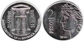 moneda de 2 pesos " 75 Aniversario de la Creación del Banco Central de la República Argentina"