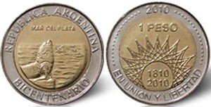 moneda de 1 peso " Bicentenario argentino, Región Pampeana - Mar del Plata"