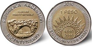 moneda de 1 peso "Bicentenario argentino, Región Patagónica - Glaciar Perito Moreno"
