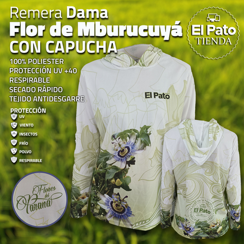 REMERA DAMA “FLOR DE MBURUCUYÁ” CON CAPUCHA