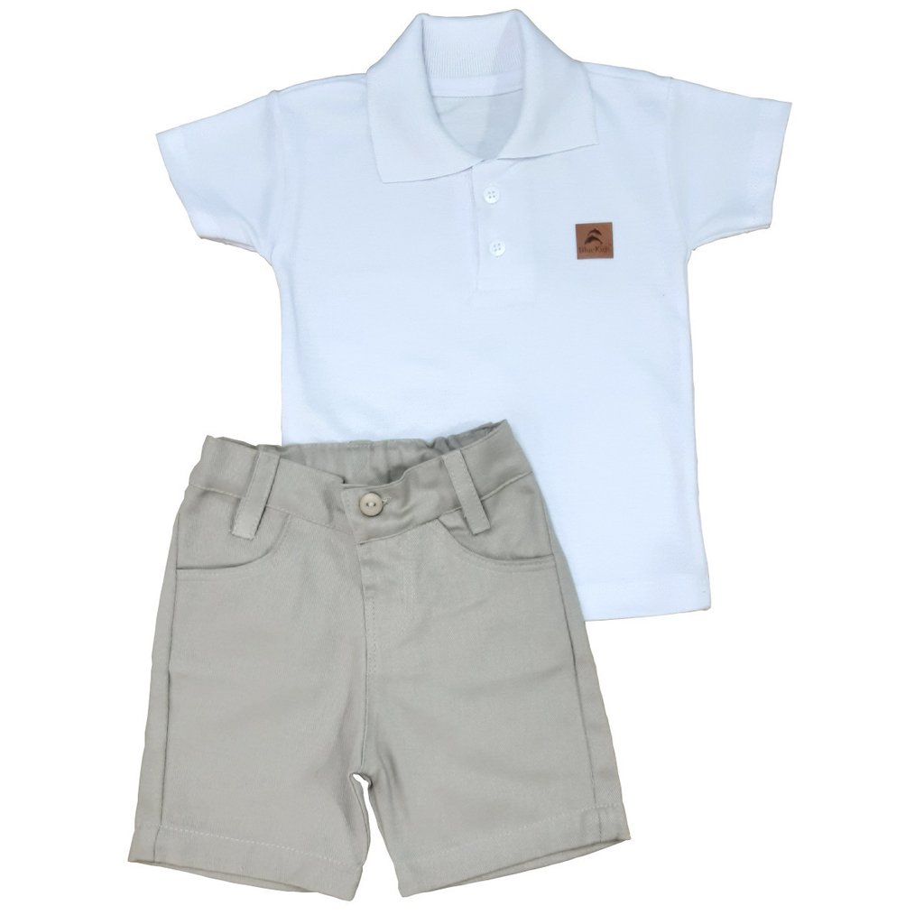 Conjunto Camisa Polo Infantil Branca Com Bermuda | Blue Kids