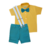 Conjunro social infantil masculina com camisa amarela e bermuda azul tiffany