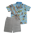 Conjunto social infantil masculina com camisa azul estampada com bichinhos do bosque e bermuda na cor bege 