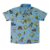 detalhe frente da camisa social infantil safari bichos do bosque com fundo azul claro