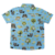 detalhe costas da camisa social infantil safari bichos do bosque com fundo azul claro
