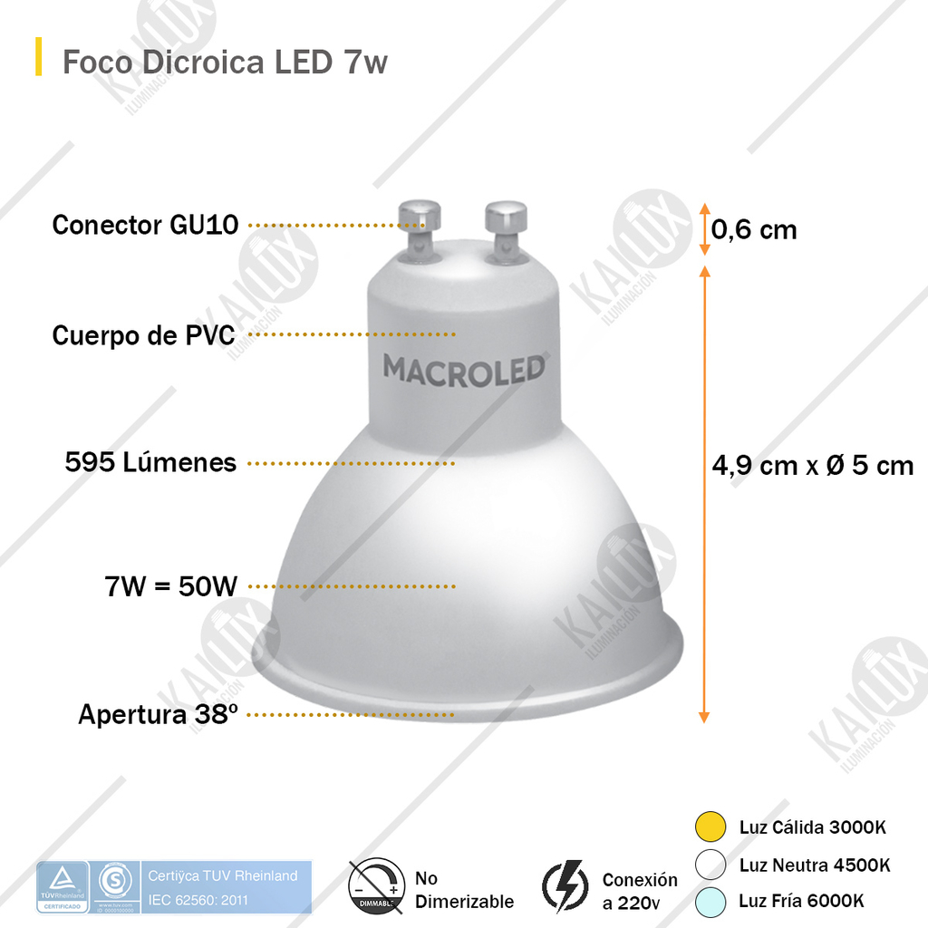 Lámpara Dicroica Led Gu10 7w Macroled 220v 38°