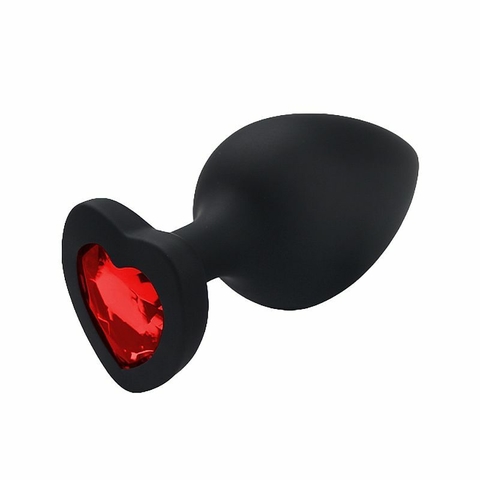 PLUG ANAL 8X3,4CM EM SILICONE CORAÇÃO COM JOIA TAMANHO M COR PRETA 