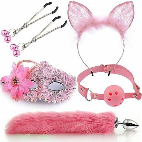 KIT RABO DE RAPOSA COM TIARA DE ORELHAS, GRAMPOS PARA OS SEIOS EM METAL E GARGANTILHA COM MÁSCARA COR ROSA - CÓD 51338