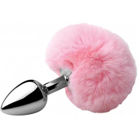 PLUG ANAL EM METAL 8X3,4CM COM POMPOM TAMANHO MÉDIO COR ROSA