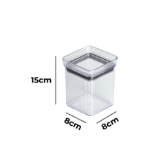 Medidas do Mini pote hermético quadrado de tempero 180ml lumini em um fundo branco.