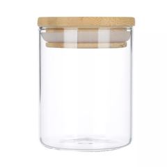 Porta tempero de vidro com tampa de bambu 170ml em um fundo branco.