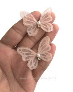 BORBOLETA DE ORGANZA SALMÂO CANDY COM PEROLA E STRASS 4X3CM COM 02 UNIDADES - comprar online