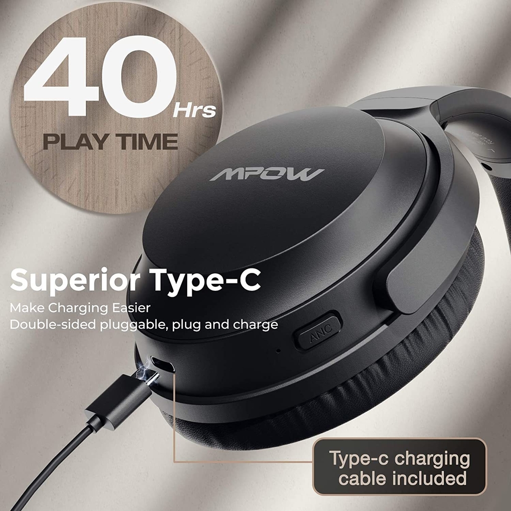 Auricular Mpow HC5 Bluetooth + cable 3.5mm para Home Office PC/Celular  22Hrs Negro