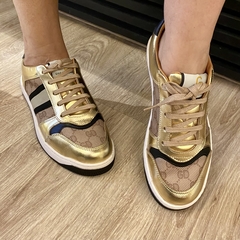 Tênis Couro Dourado com Preto GIULIA DOMNA - Quattro Calçados - Loja Online de Calçados Femininos em BH