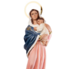 Imagem de Nossa Senhora Mãe de Deus, em resina, segurando o menino Jesus, com detalhes em azul e rosa.