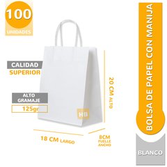 BOLSA DE PAPEL BLANCA CON MANIJA RETORCIDA - 20X18X8 en internet