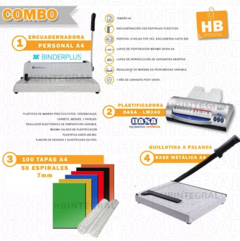 COMBO 2 - ESPIRALADORA BINDERPLUS PERSONAL A4 + PLASTIFICADORA A4/OFICIO + GUILLOTINA A4 + INSUMOS - comprar online