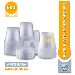 Pote de Plastico Con Tapa Descartable APTO FREEZER Y MICROONDAS - 250cc - 1/4 - HB Integral - Todo en un solo lugar!