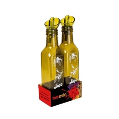 Set botellas vidrio amarillo aceite vinagre Olive Oil 250cc Herevin