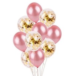 Bouquet x10 globos rosa perlado y confetti dorado