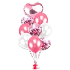 Bouquet 9 globos corazon rosa y blanco