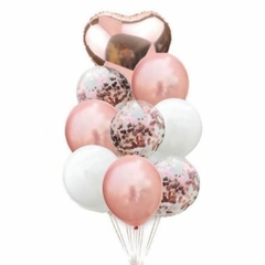Bouquet x9 globos corazón rosa gold y blanco