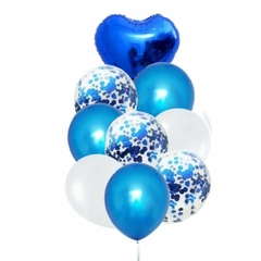 Bouquet x9 globos corazon azul y confetti azul