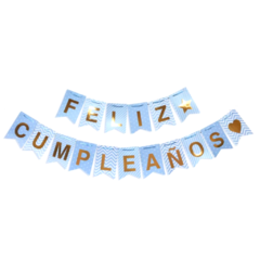 Banderin Feliz cumpleaños celeste pastel lunar y rayas