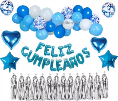 Set Feliz Cumpleaños Azul Plateado Estrella Confeti Borlas