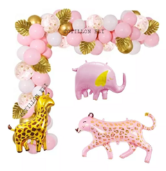 Combo Globos Safari Chic Rosa Animalitos Selva Bosque Deco