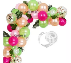 Arco Globos Tropical Hojas Verde Fucsia Salmon Rosa Confetti